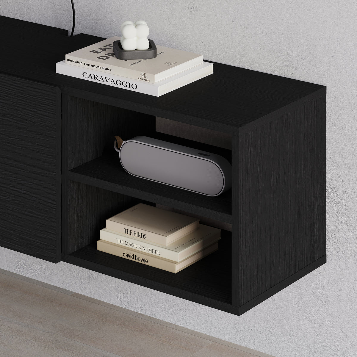 Gilvar 140cm Floating-Style TV Unit with 2 Soft-Close Doors — Black Wood