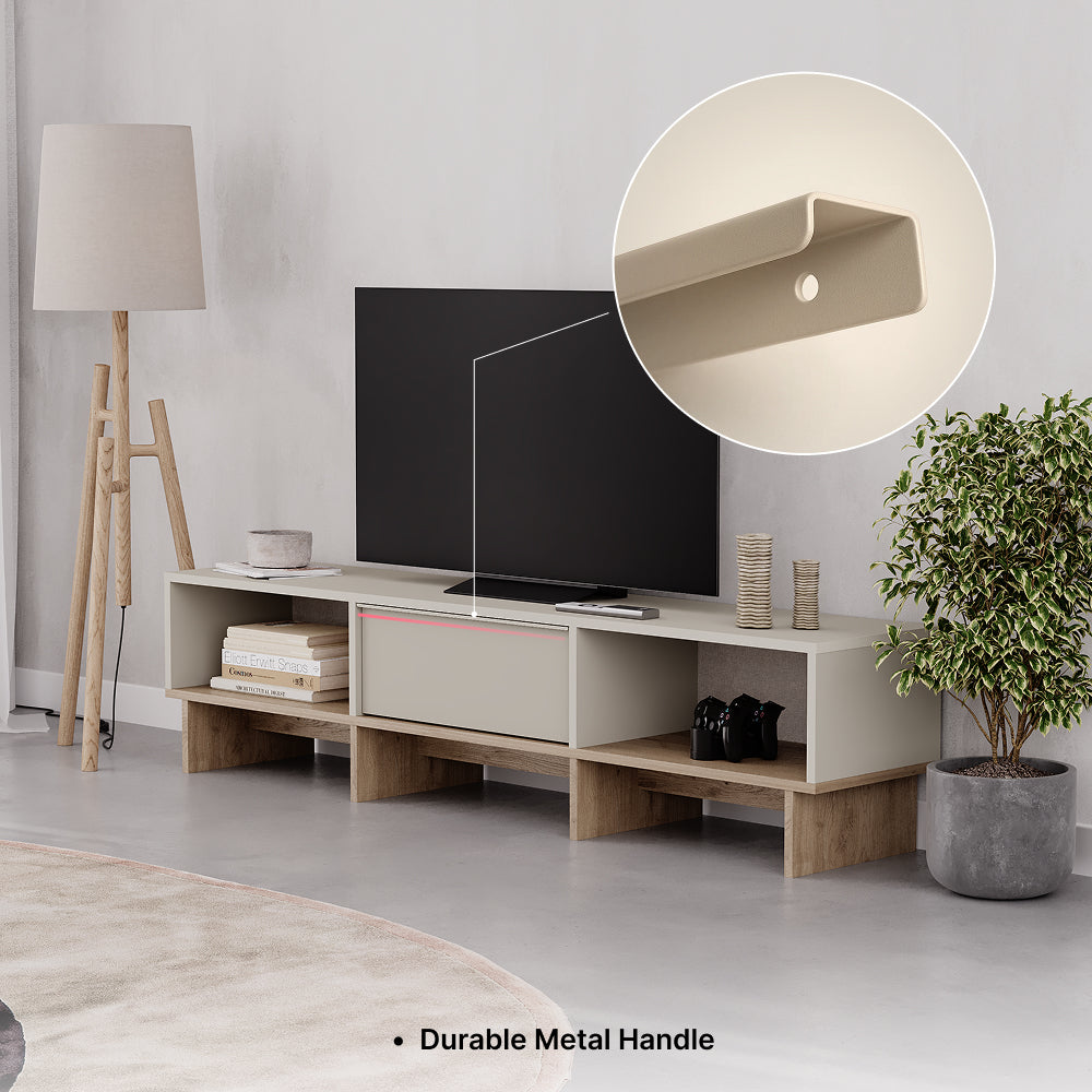Trunvo 170cm TV Stand with Drop-Down Door and Open Shelves — Sandstone, Natural Oak