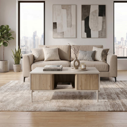 Fennor 90 cm Coffee Table with 2 Pull-Out Storage Boxes — Natural Oak, Sandstone