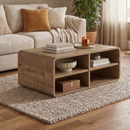 Bevund 80 cm Coffee Table with 4 Open Compartments — Natural Oak