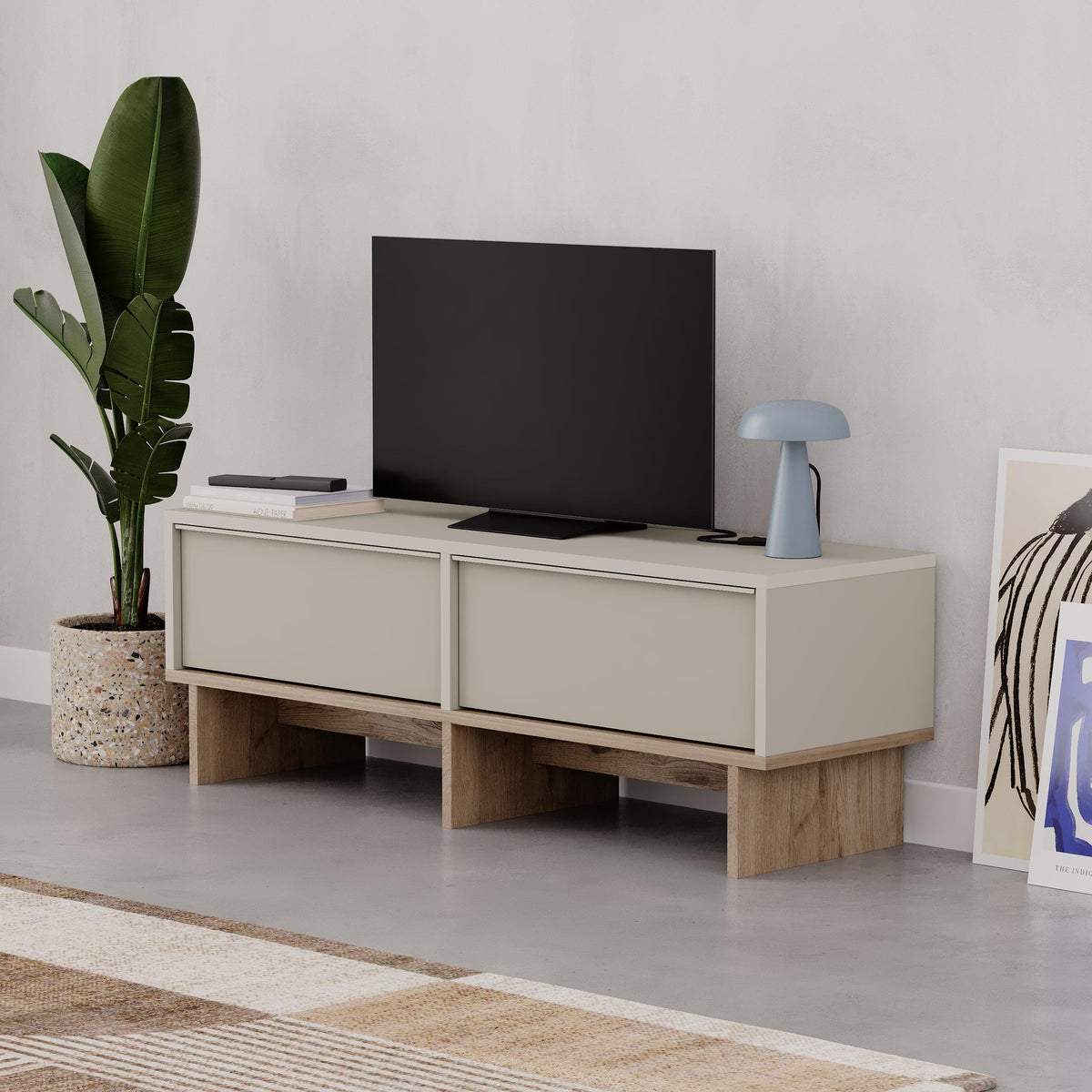 Eldro 118cm TV Stand with 2 Soft-Close Drop-Down Doors — Sandstone, Natural Oak