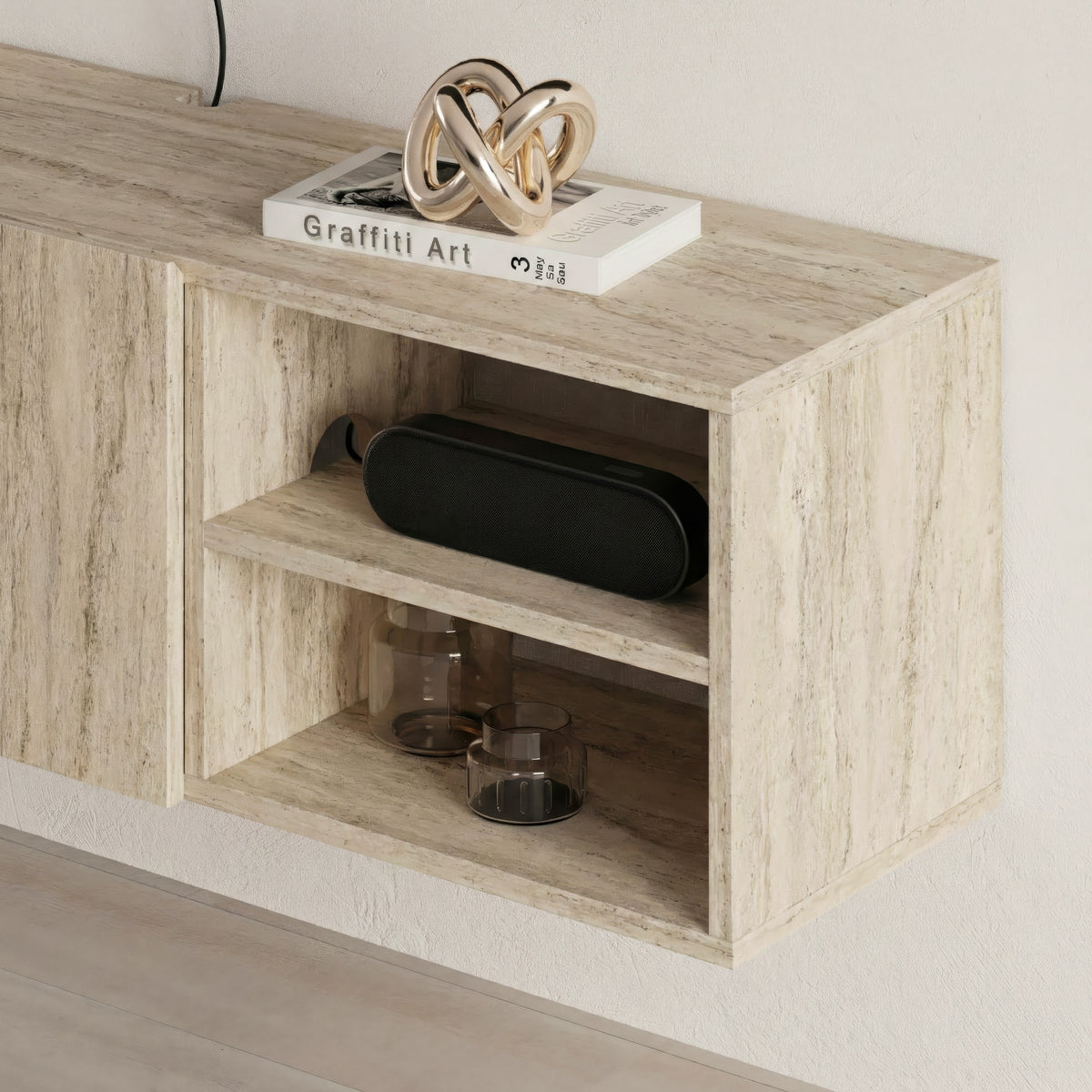 Gilvar 140cm Floating-Style TV Unit with 2 Soft-Close Doors — Travertine
