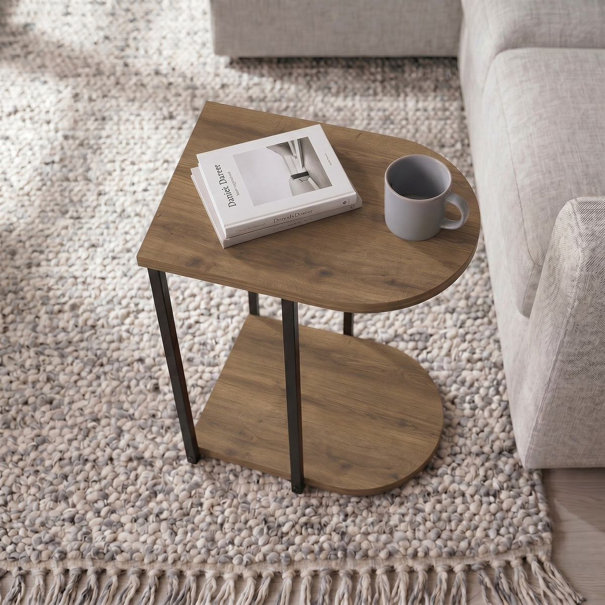 Yrsel 42cm Half-Round Side Table with Lower Shelf — Dark Oak Effect