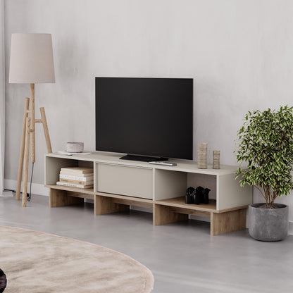 Trunvo 170cm TV Stand with Drop-Down Door and Open Shelves — Sandstone, Natural Oak