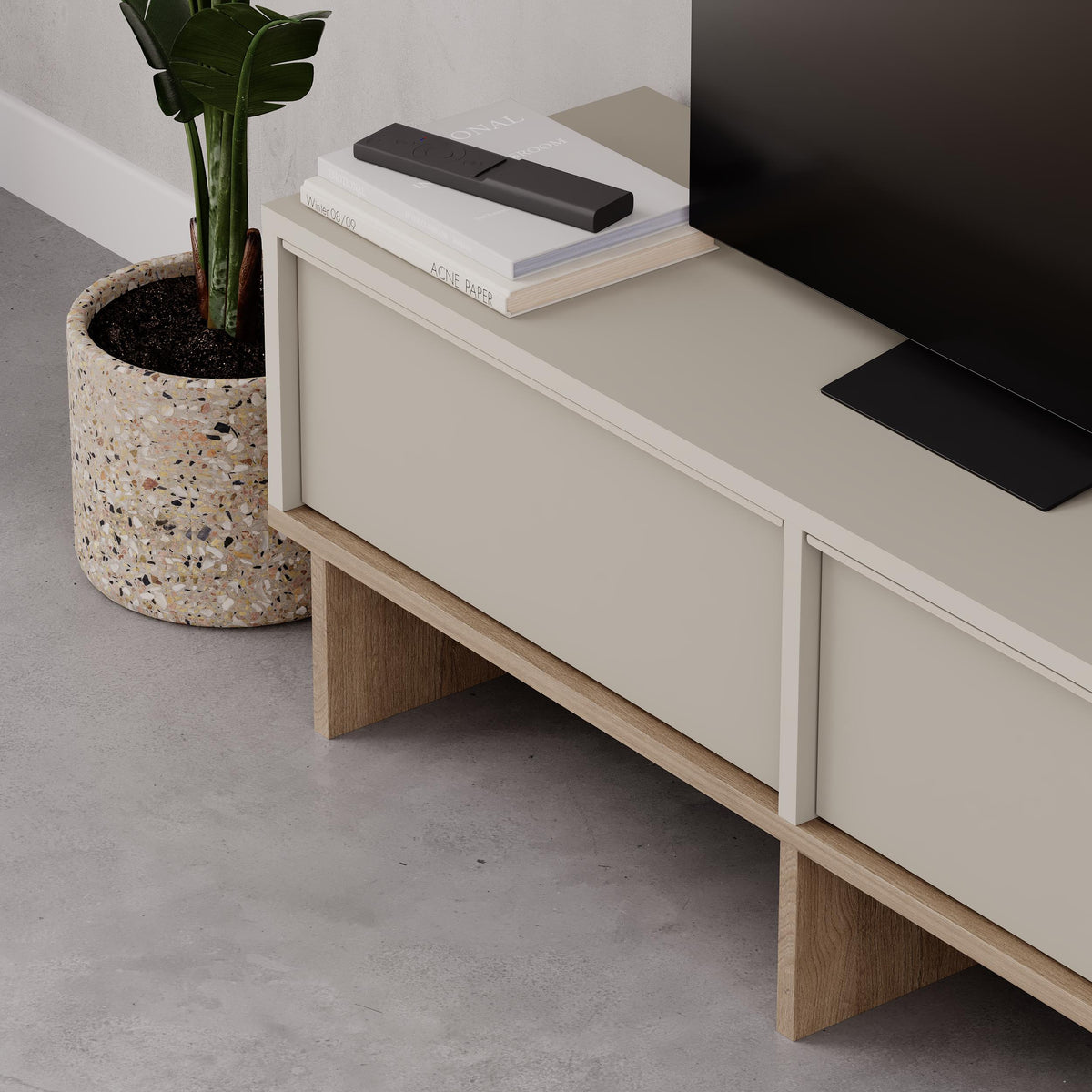 Eldro 118cm TV Stand with 2 Soft-Close Drop-Down Doors — Sandstone, Natural Oak