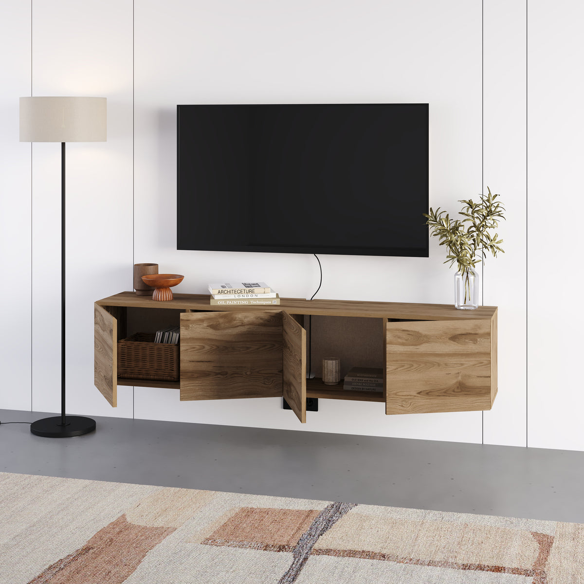 Hesmo 180cm Wall-Mounted TV Unit with 4 Soft-Close Doors — Whiskey Oak