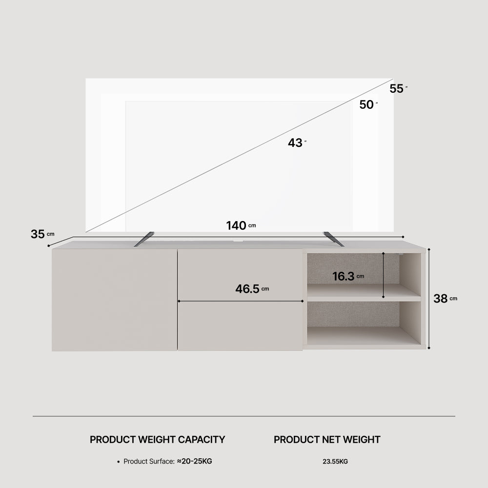 Gilvar 140cm Floating-Style TV Unit with 2 Soft-Close Doors — Travertine