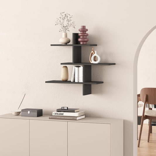 Fjorn 80cm Floating Wall Shelf Unit with 3 Staggered Shelves — Anthracite, image 1