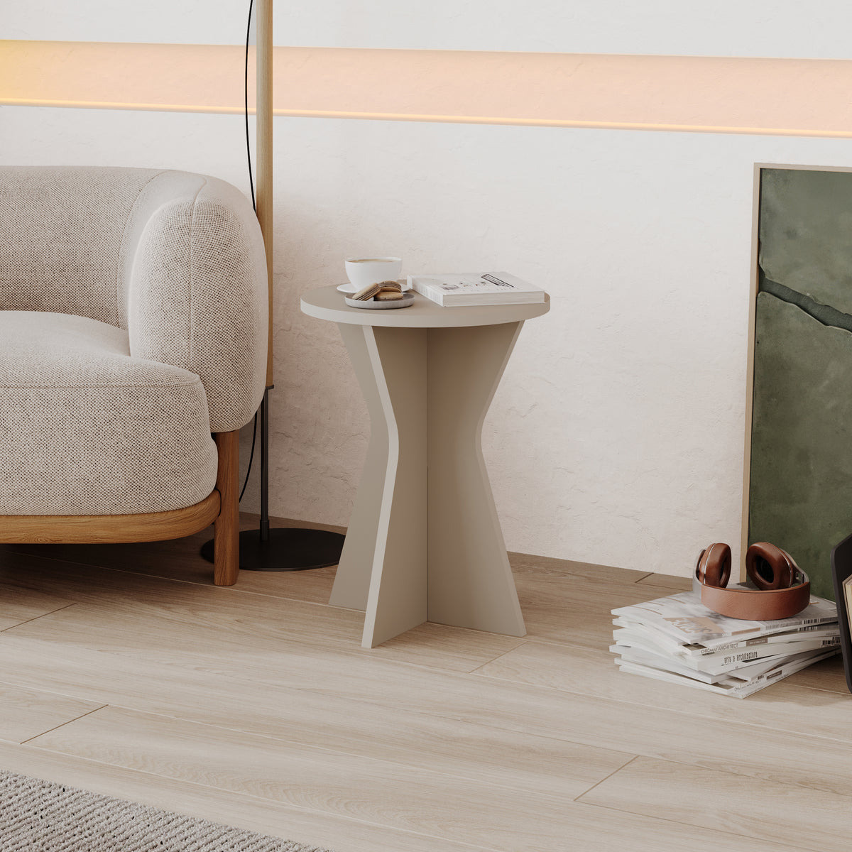 Gemsk 40cm Round Side Table with Geometric Pedestal Base — Sandstone, image 1
