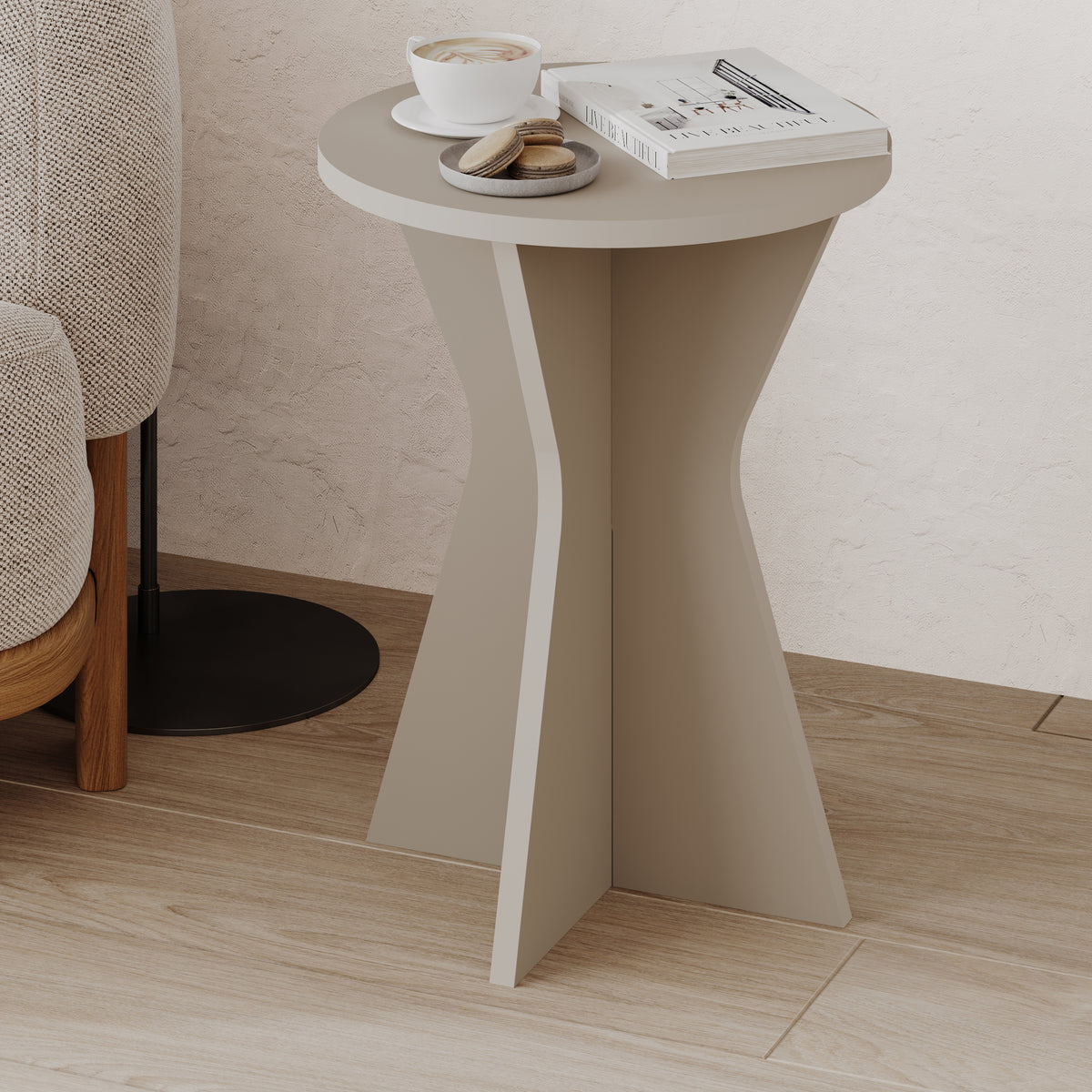 Gemsk 40cm Round Side Table with Geometric Pedestal Base — Sandstone, image 4