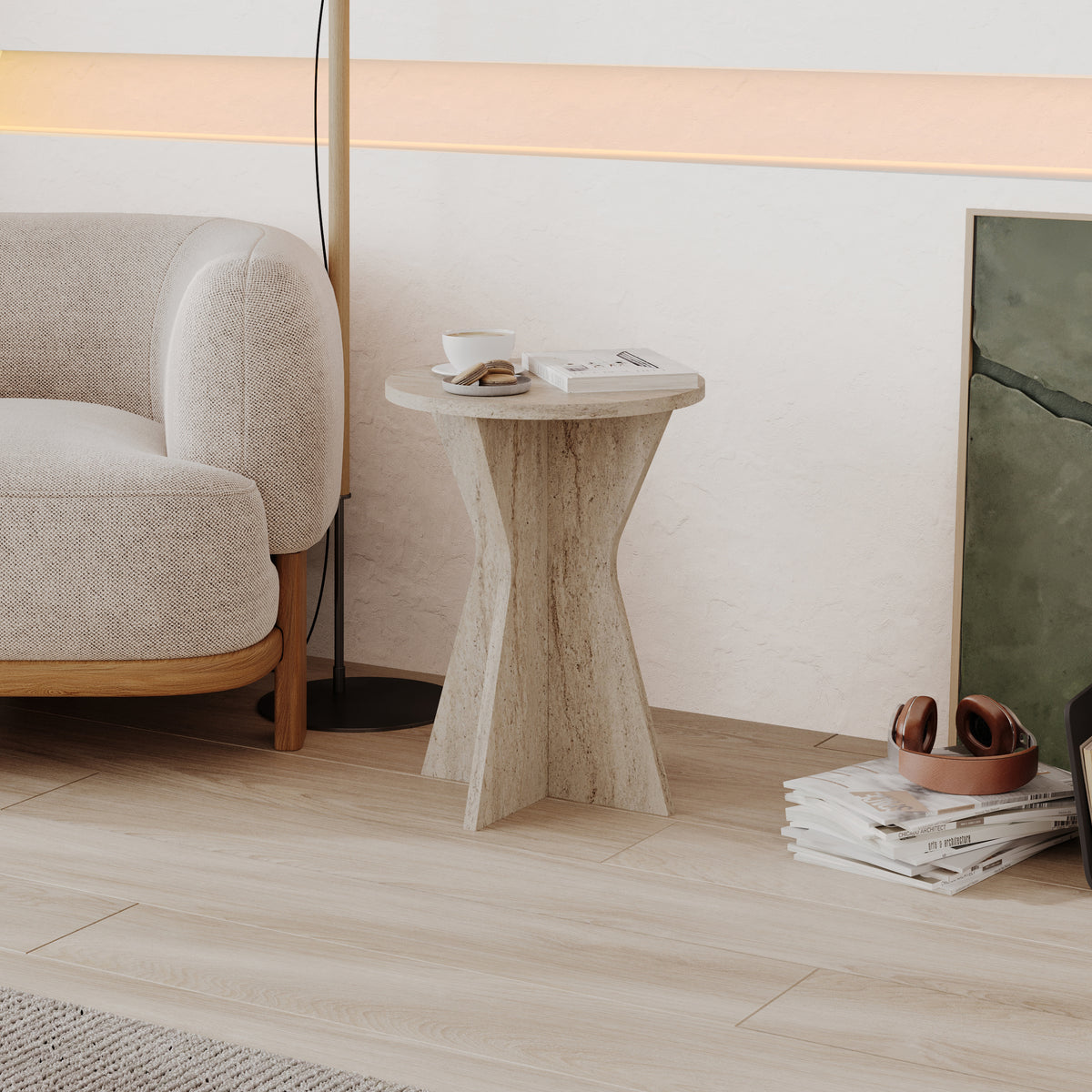 Gemsk 40cm Round Side Table with Geometric Pedestal Base — Travertine, image 1