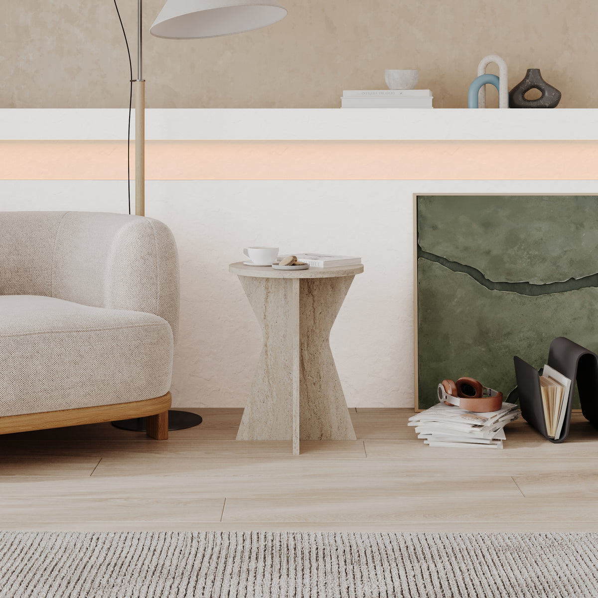Gemsk 40cm Round Side Table with Geometric Pedestal Base — Travertine, image 2