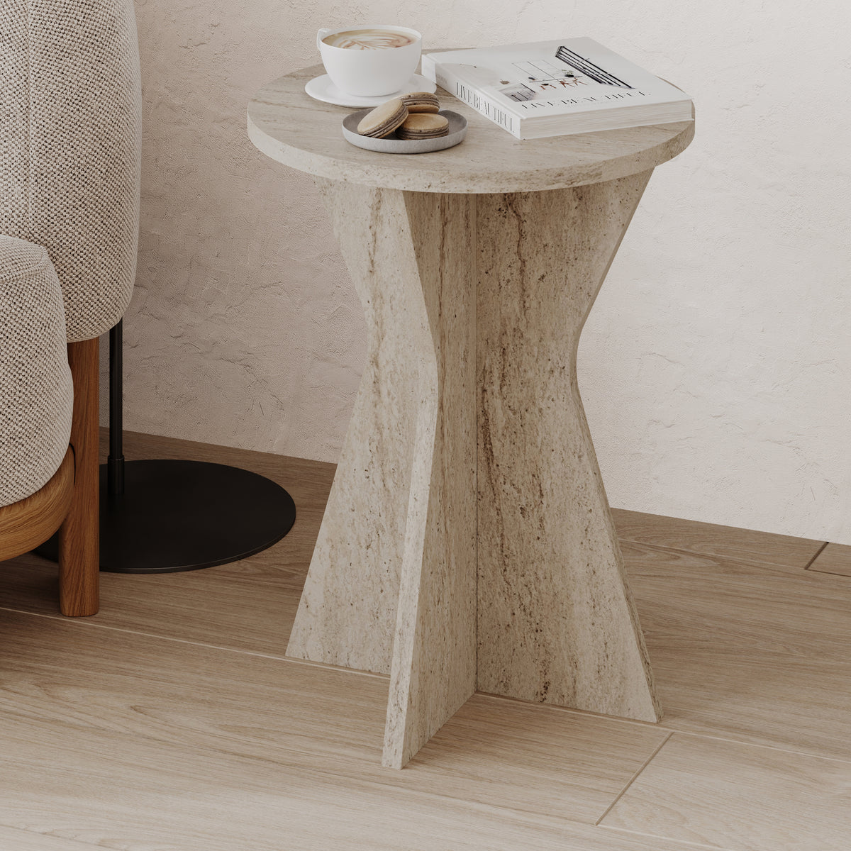 Gemsk 40cm Round Side Table with Geometric Pedestal Base — Travertine, image 4