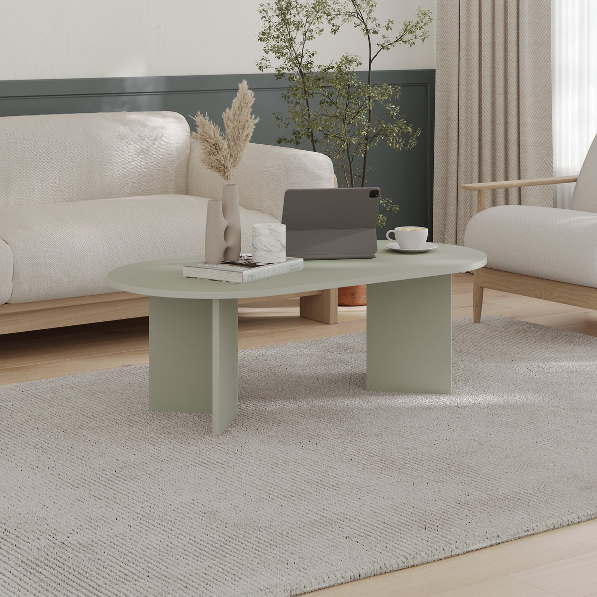 Halvra 119cm Oval Coffee Table with Floor-Protecting Legs — Ash Green, image 1