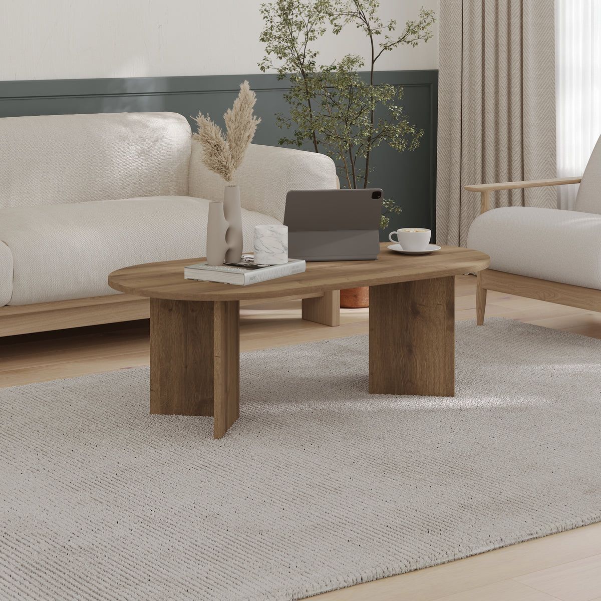 Halvra 119cm Oval Coffee Table with Floor-Protecting Legs — Dark Oak Effect, image 1