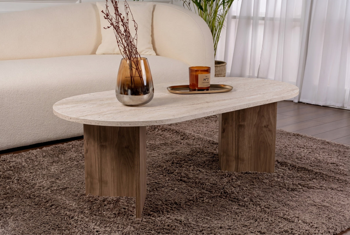 Halvra 119cm Oval Coffee Table with Floor-Protecting Legs — Travertine, Natural Walnut Effect, image 1