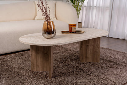 Halvra 119cm Oval Coffee Table with Floor-Protecting Legs — Travertine, Natural Walnut Effect, image 1