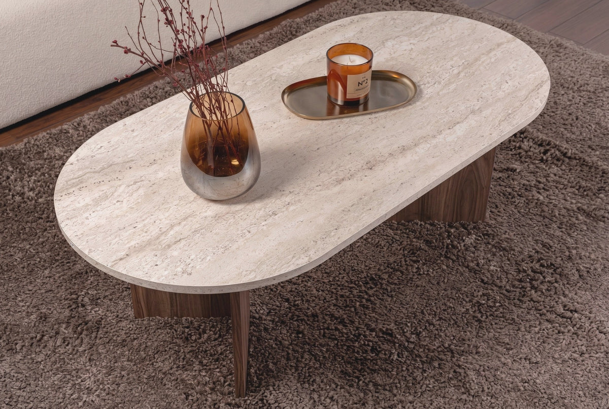 Halvra 119cm Oval Coffee Table with Floor-Protecting Legs — Travertine, Natural Walnut Effect, image 2