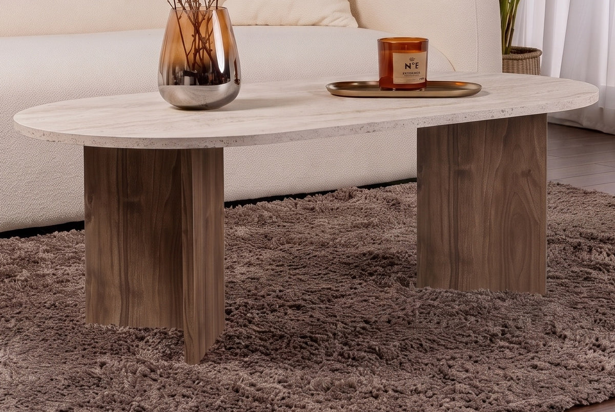 Halvra 119cm Oval Coffee Table with Floor-Protecting Legs — Travertine, Natural Walnut Effect, image 3