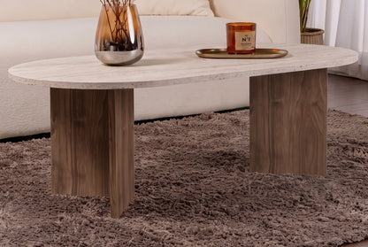 Halvra 119cm Oval Coffee Table with Floor-Protecting Legs — Travertine, Natural Walnut Effect, image 3