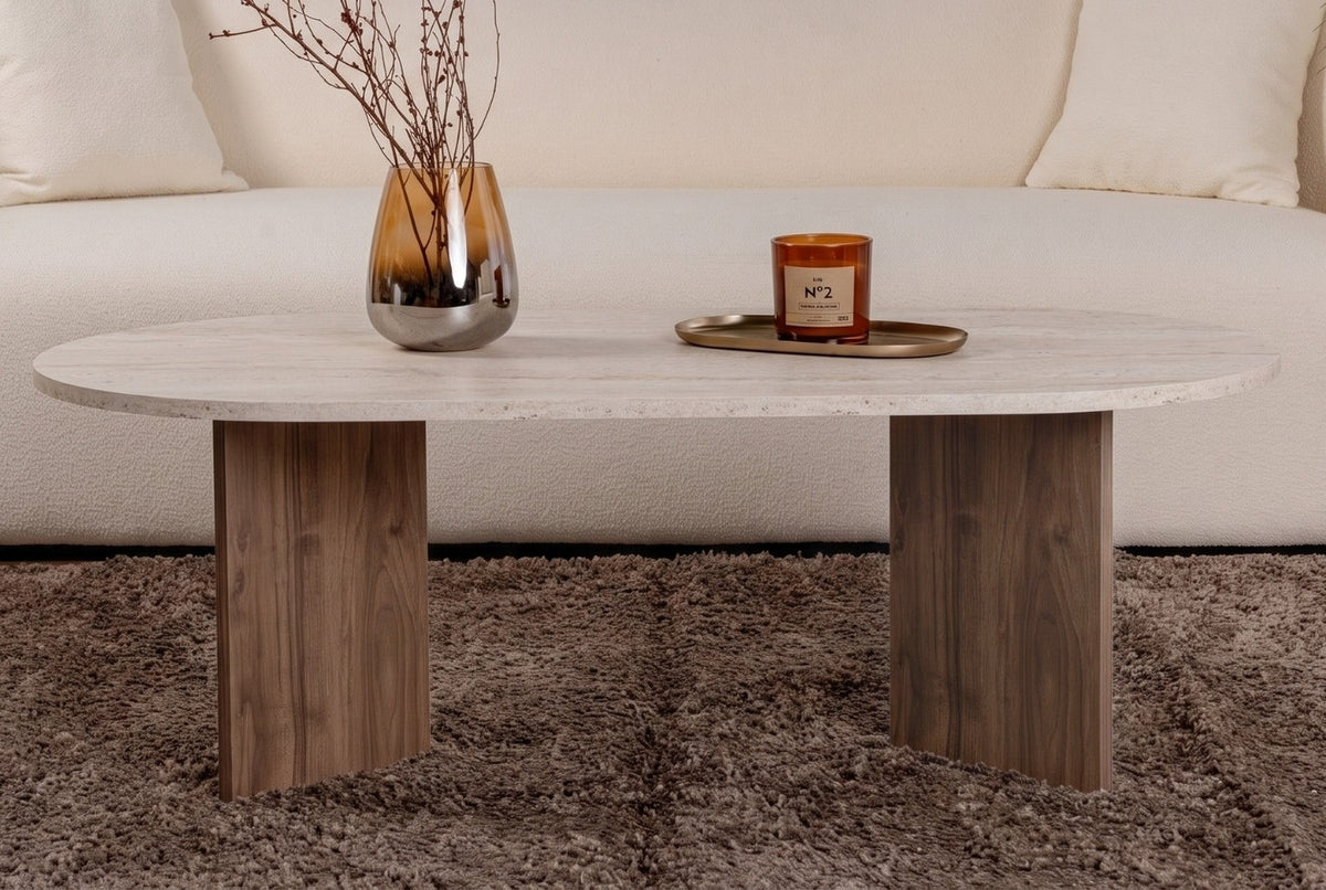 Halvra 119cm Oval Coffee Table with Floor-Protecting Legs — Travertine, Natural Walnut Effect, image 4