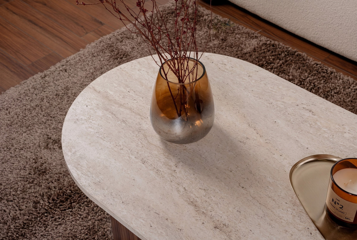 Halvra 119cm Oval Coffee Table with Floor-Protecting Legs — Travertine, Natural Walnut Effect, image 7