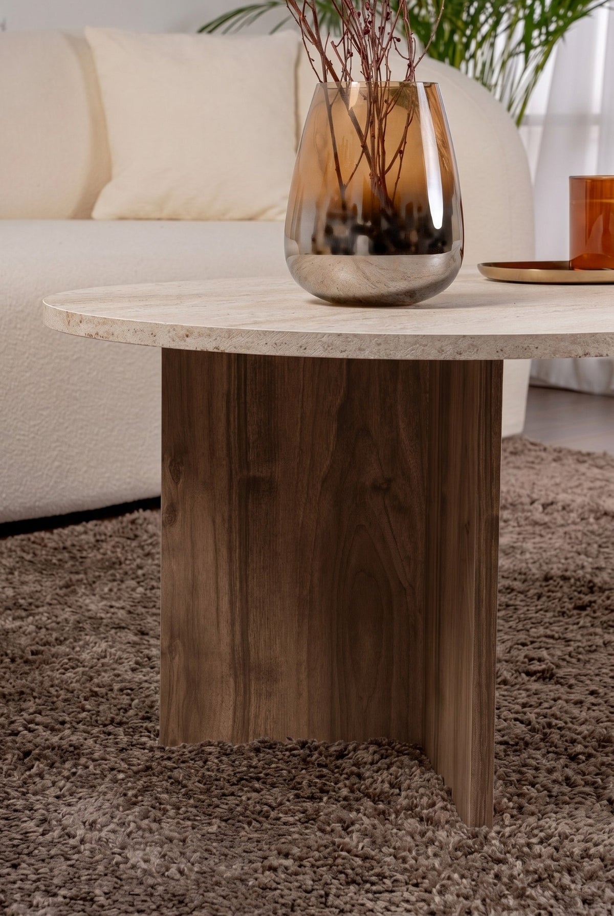 Halvra 119cm Oval Coffee Table with Floor-Protecting Legs — Travertine, Natural Walnut Effect, image 8