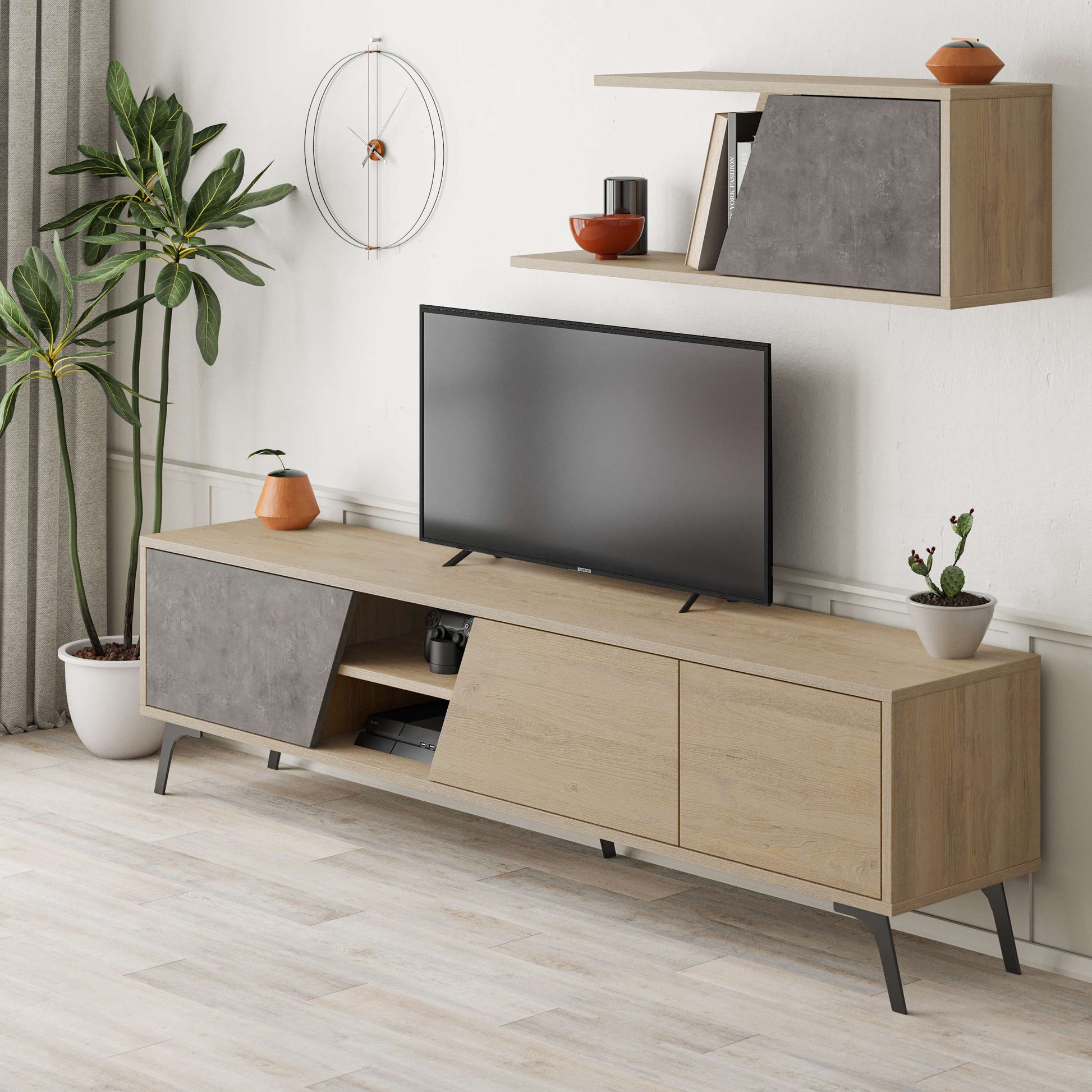 Contemporary TV unit with angled cabinet doors, media shelf and wall-mounted storage, ideal for organised entertainment spaces.