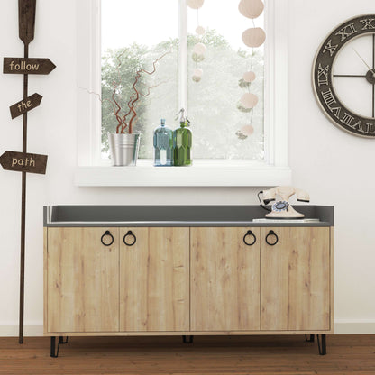 Freestanding multipurpose sideboard with ring handles and cabinet storage for hallway, dining room or kitchen use