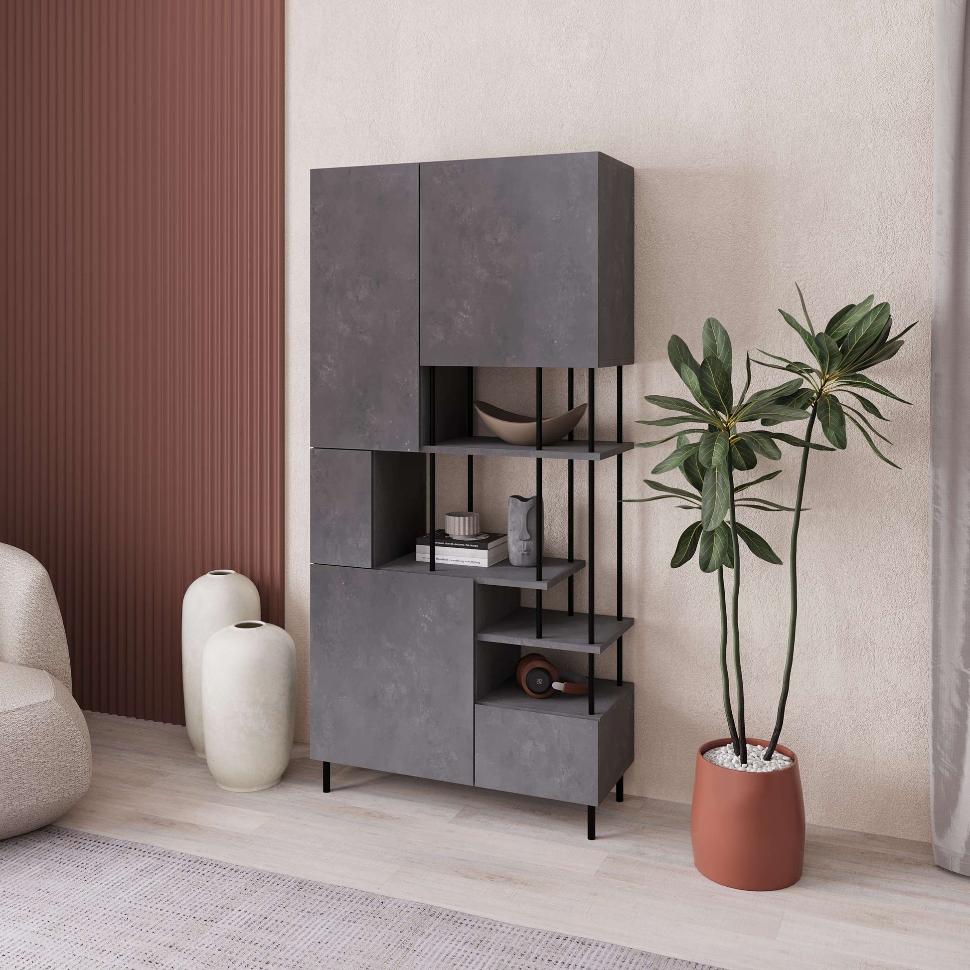 Tall multipurpose cabinet with mixed closed compartments and open shelving, ideal for living room or office storage.