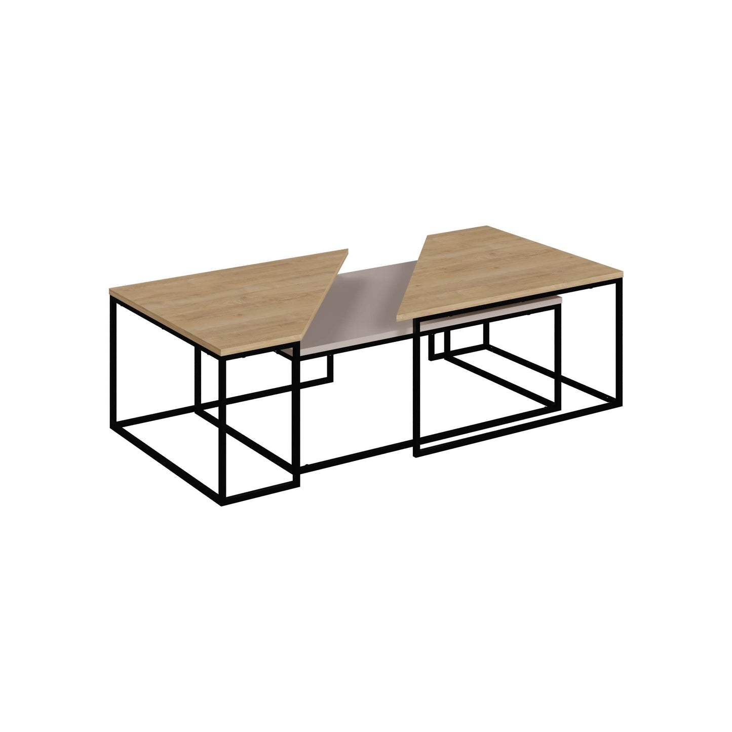 3-piece nesting coffee table set with geometric tops and metal frames, perfect for flexible and space-saving living room use.