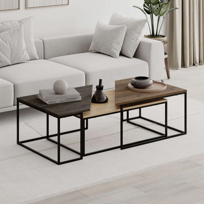 3-piece nesting coffee table set with geometric tops and metal frames, perfect for flexible and space-saving living room use.