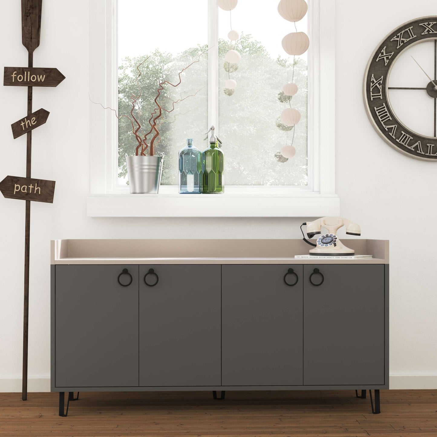 Freestanding multipurpose sideboard with ring handles and cabinet storage for hallway, dining room or kitchen use