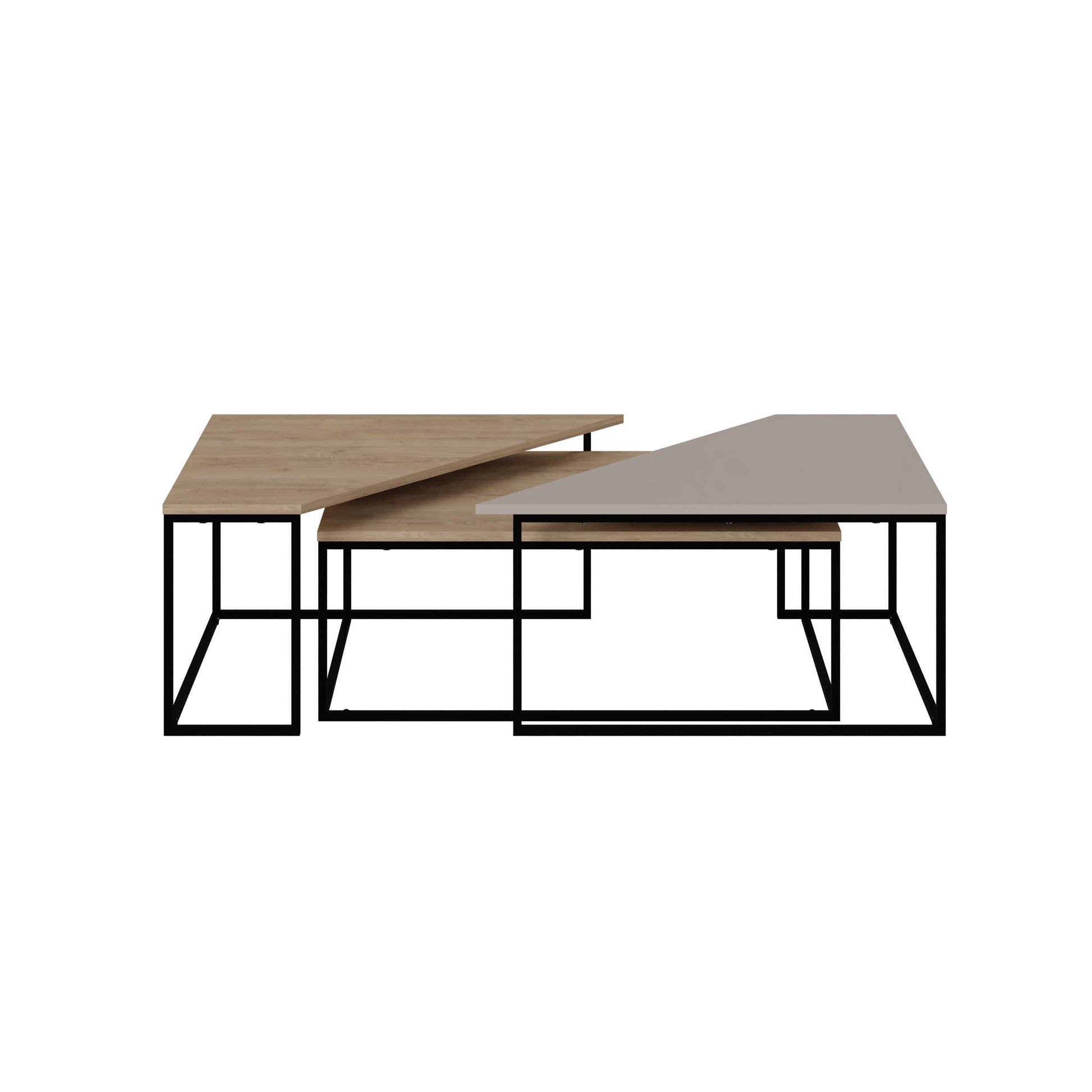 3-piece nesting coffee table set with geometric tops and metal frames, perfect for flexible and space-saving living room use.