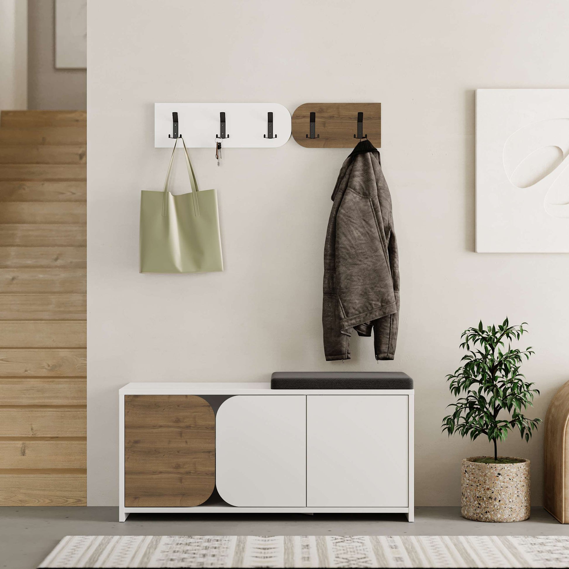 Hallway storage bench with cushioned seat, cabinet space and matching wall hooks, ideal for organised entryways.
