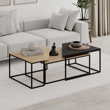 3-piece nesting coffee table set with geometric tops and metal frames, perfect for flexible and space-saving living room use.