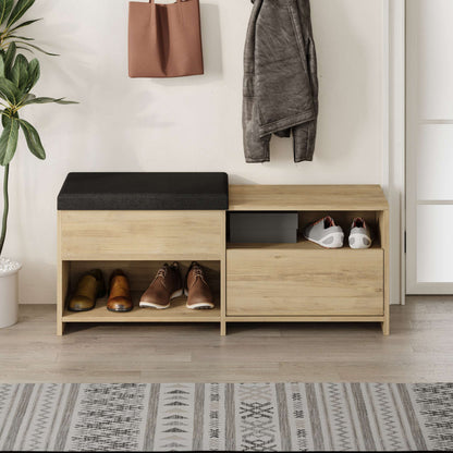 Compact hallway shoe bench with cushioned seat, open shelves and flap compartment, perfect for entryway storage.
