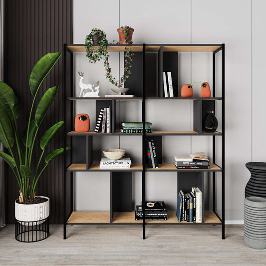 Modern industrial bookcase with open metal frame and wood shelves, ideal for living room or home office storage.
