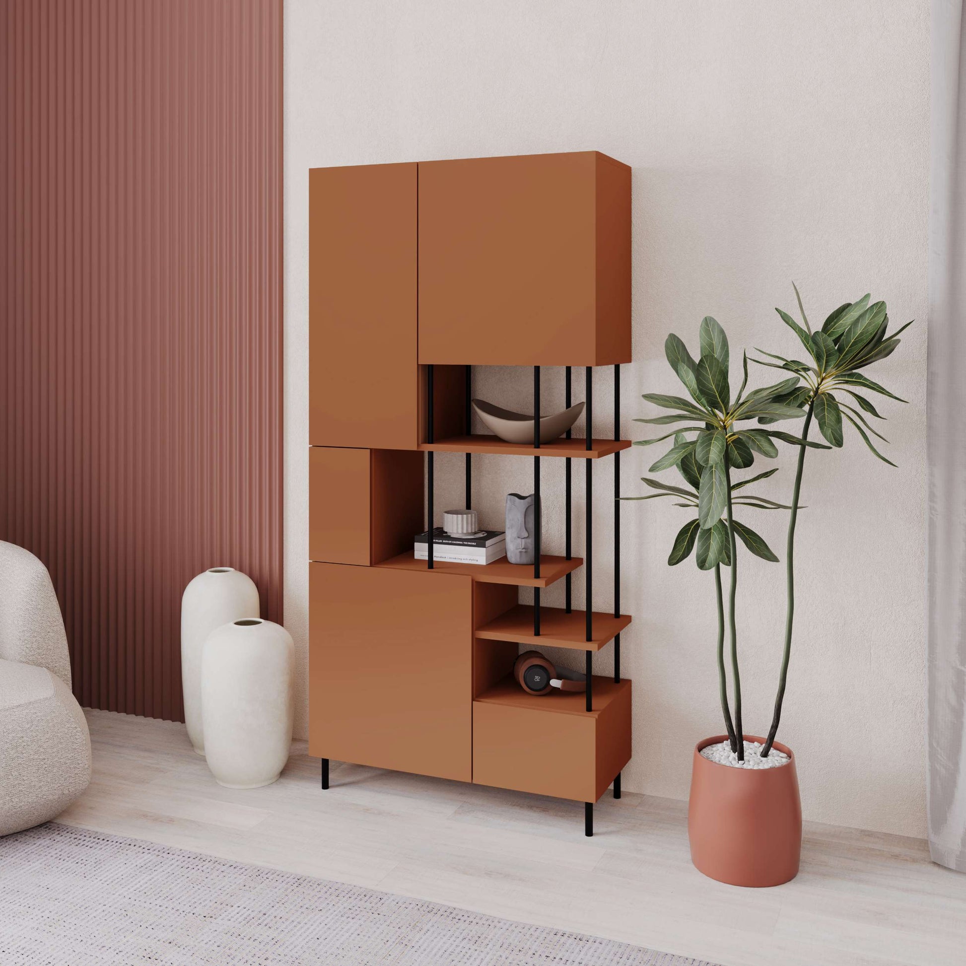 Tall multipurpose cabinet with mixed closed compartments and open shelving, ideal for living room or office storage.