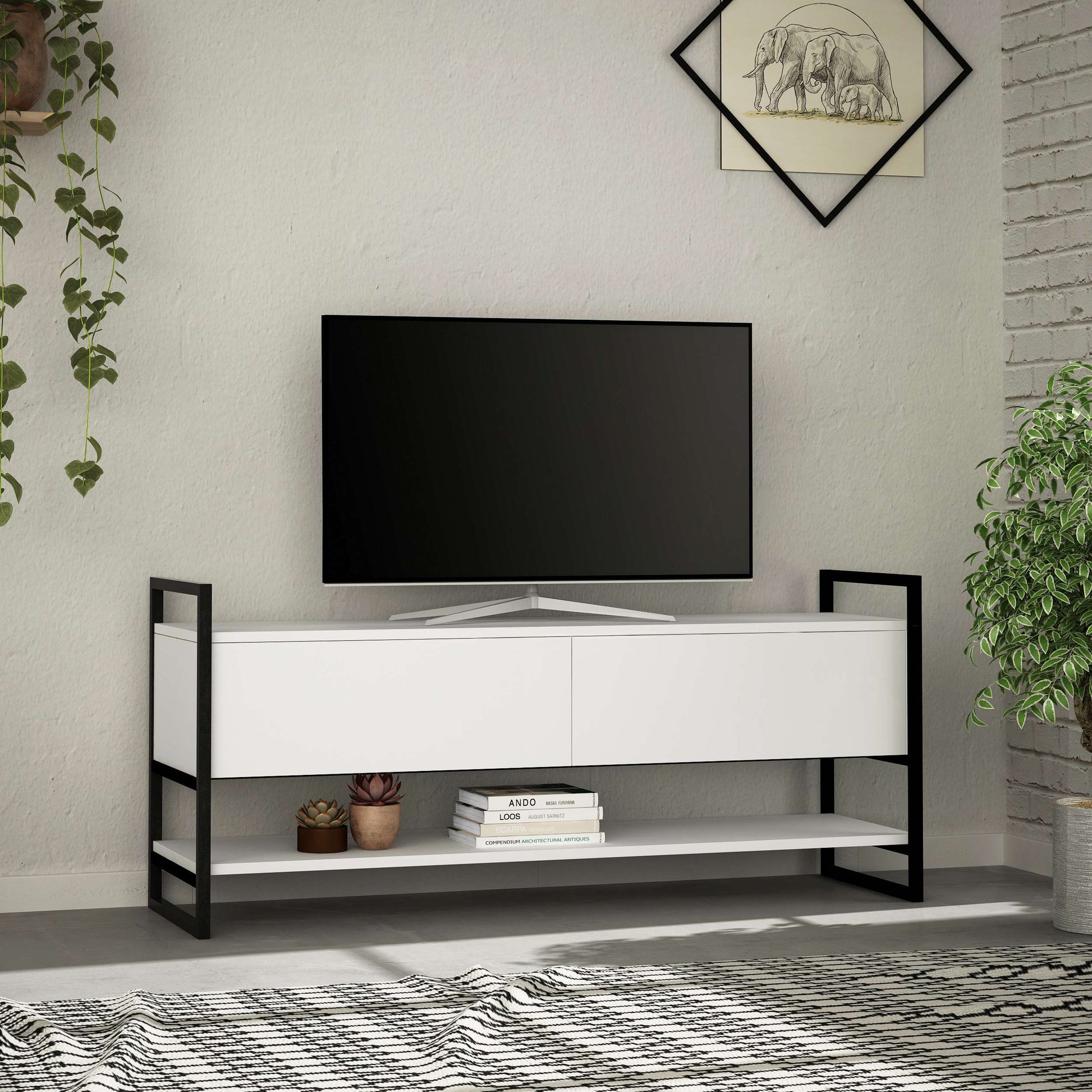 Modern TV stand with metal side frames, closed storage and open shelf, ideal for living room entertainment setup.