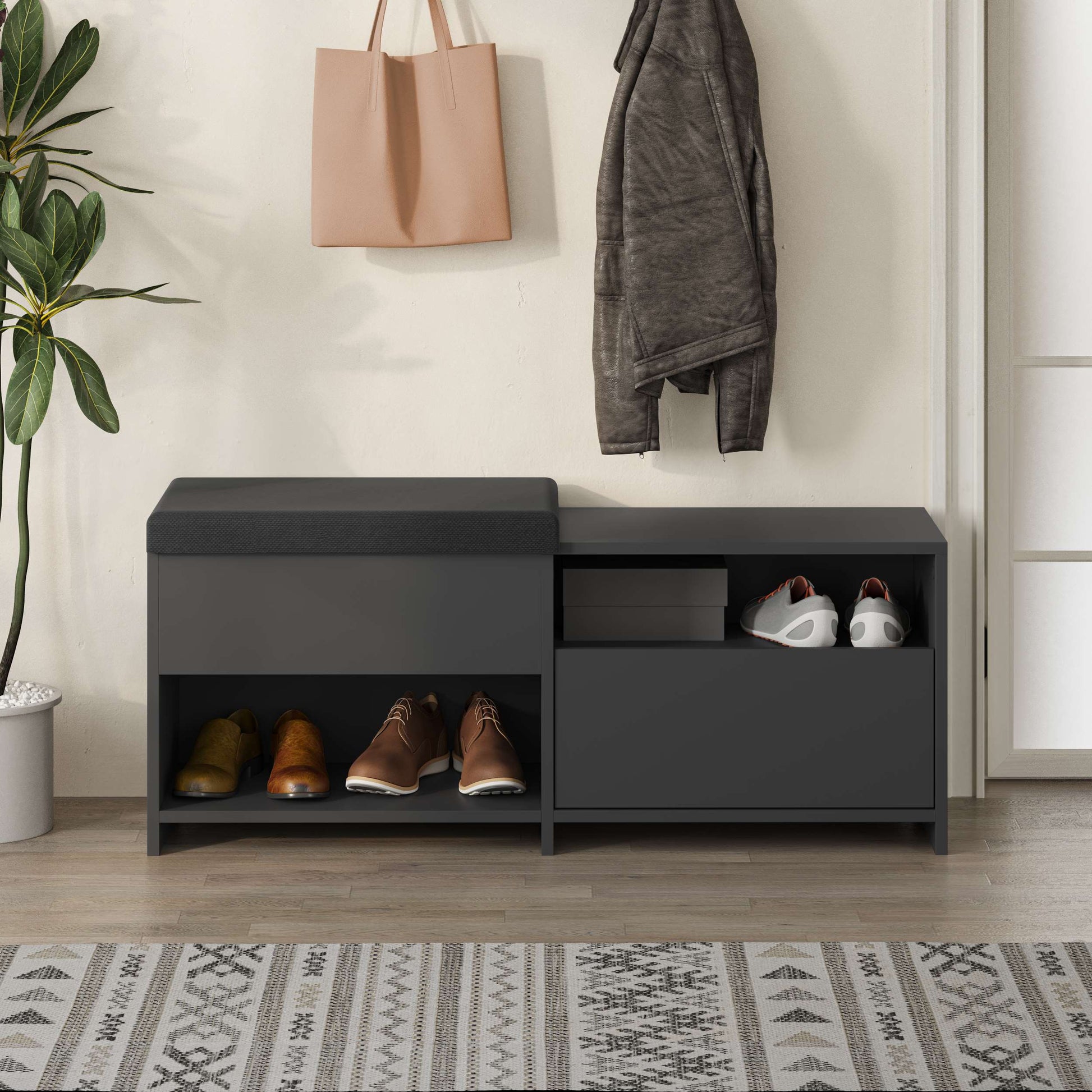 Compact hallway shoe bench with cushioned seat, open shelves and flap compartment, perfect for entryway storage.