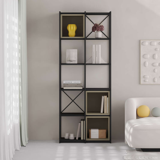 Contemporary open bookcase with cube shelves and metal frame, ideal for living room or study room storage.