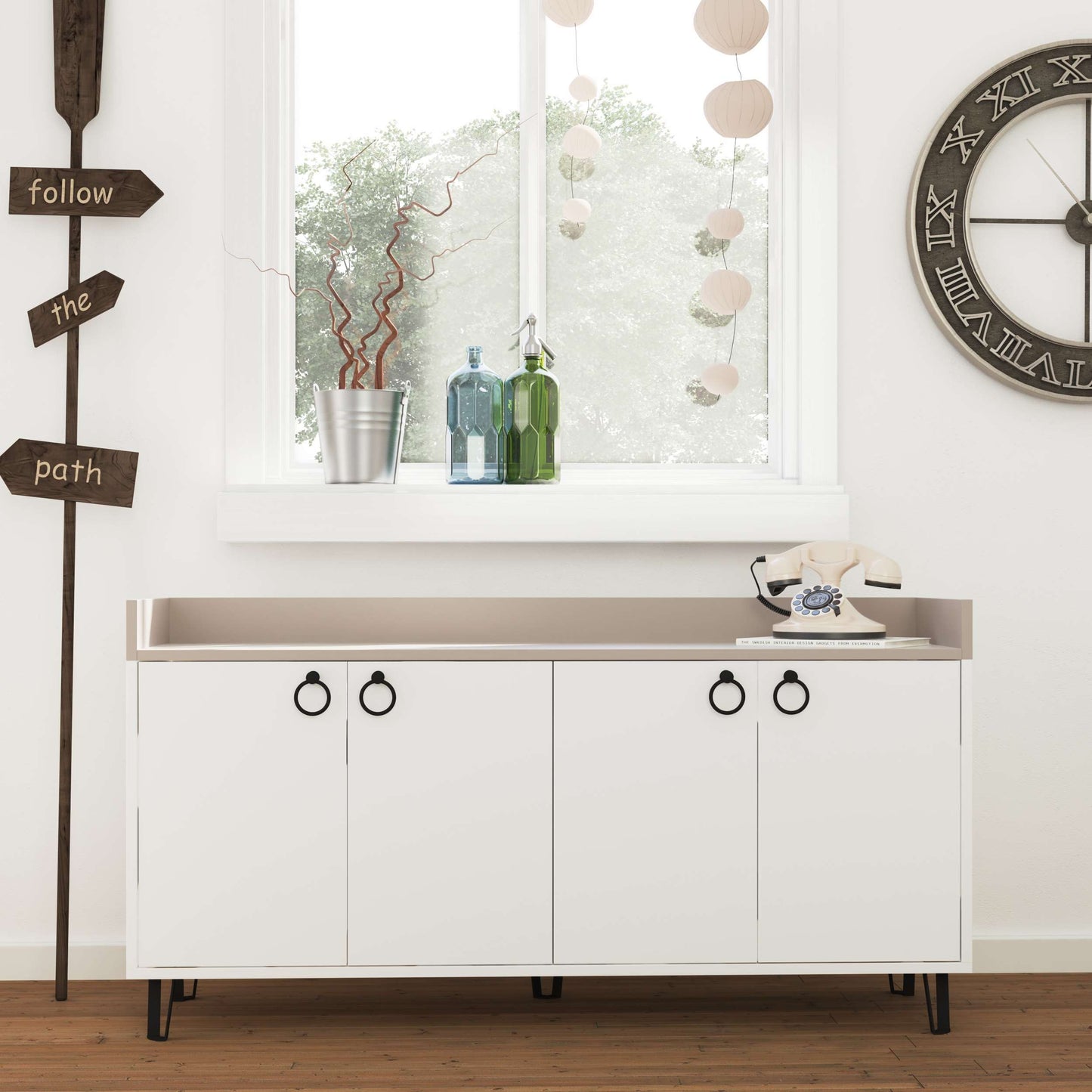 Freestanding multipurpose sideboard with ring handles and cabinet storage for hallway, dining room or kitchen use