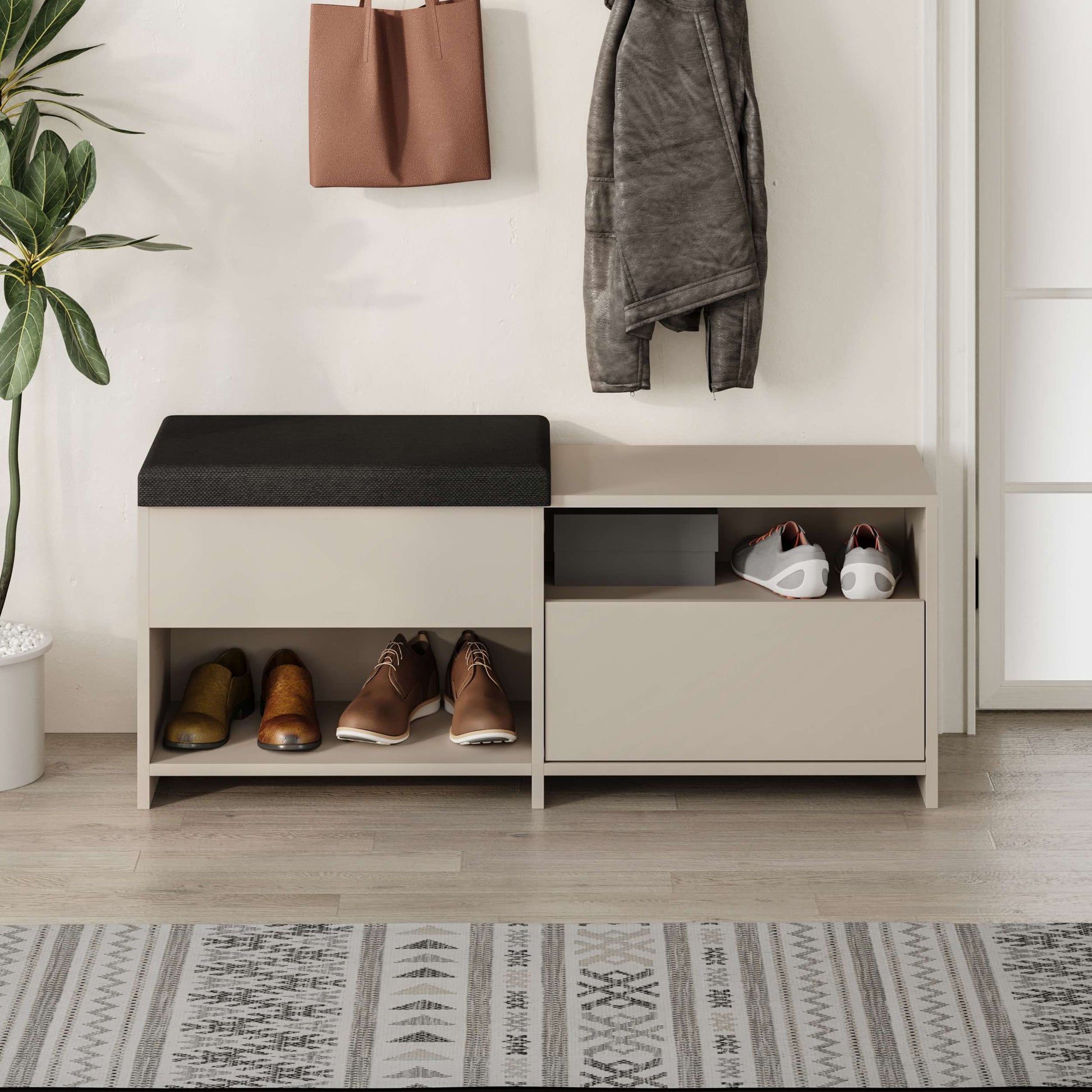 Compact hallway shoe bench with cushioned seat, open shelves and flap compartment, perfect for entryway storage.