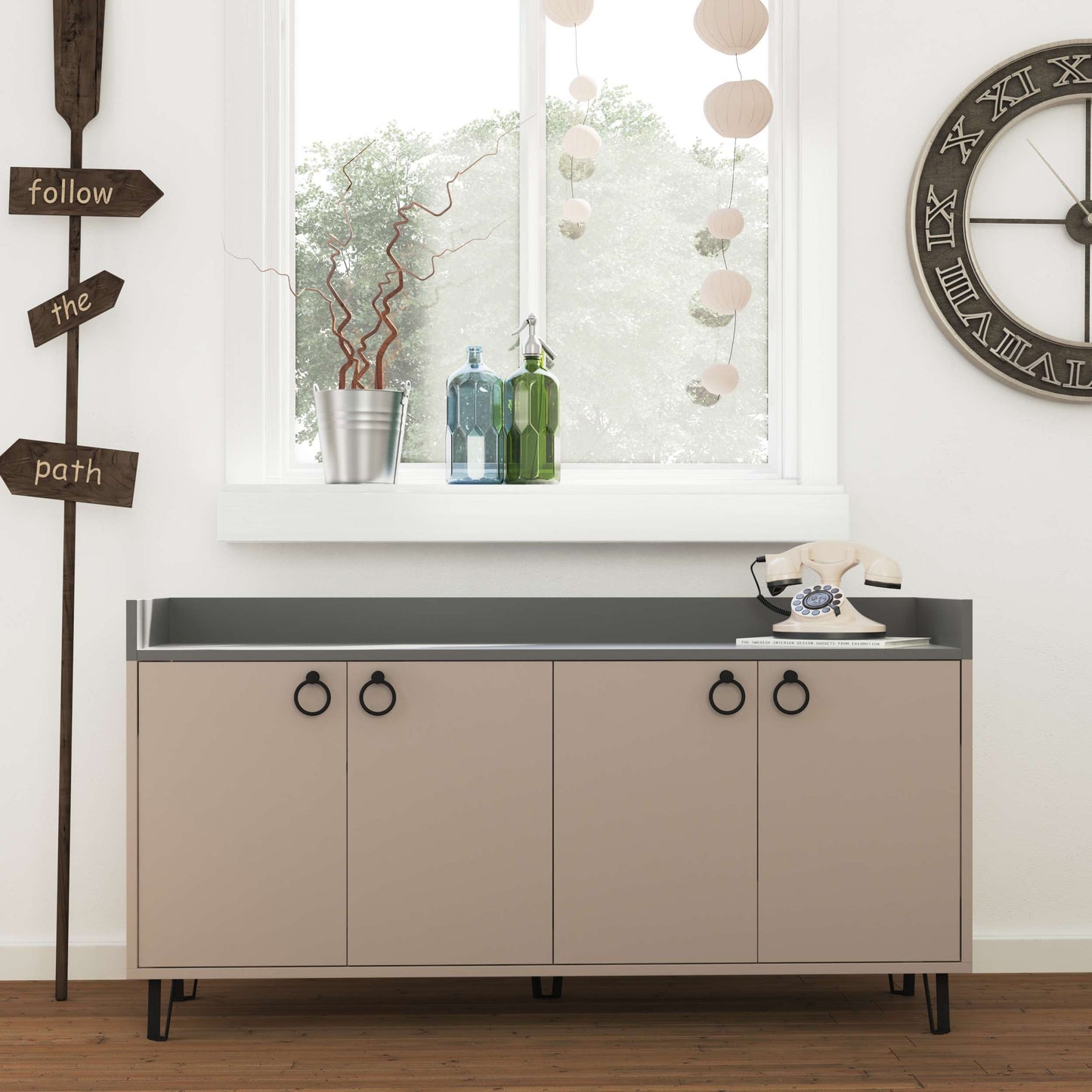Freestanding multipurpose sideboard with ring handles and cabinet storage for hallway, dining room or kitchen use
