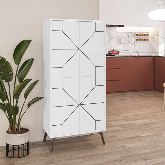 Tall particle board storage cabinet with geometric front panels and interior shelves for concealed organisation