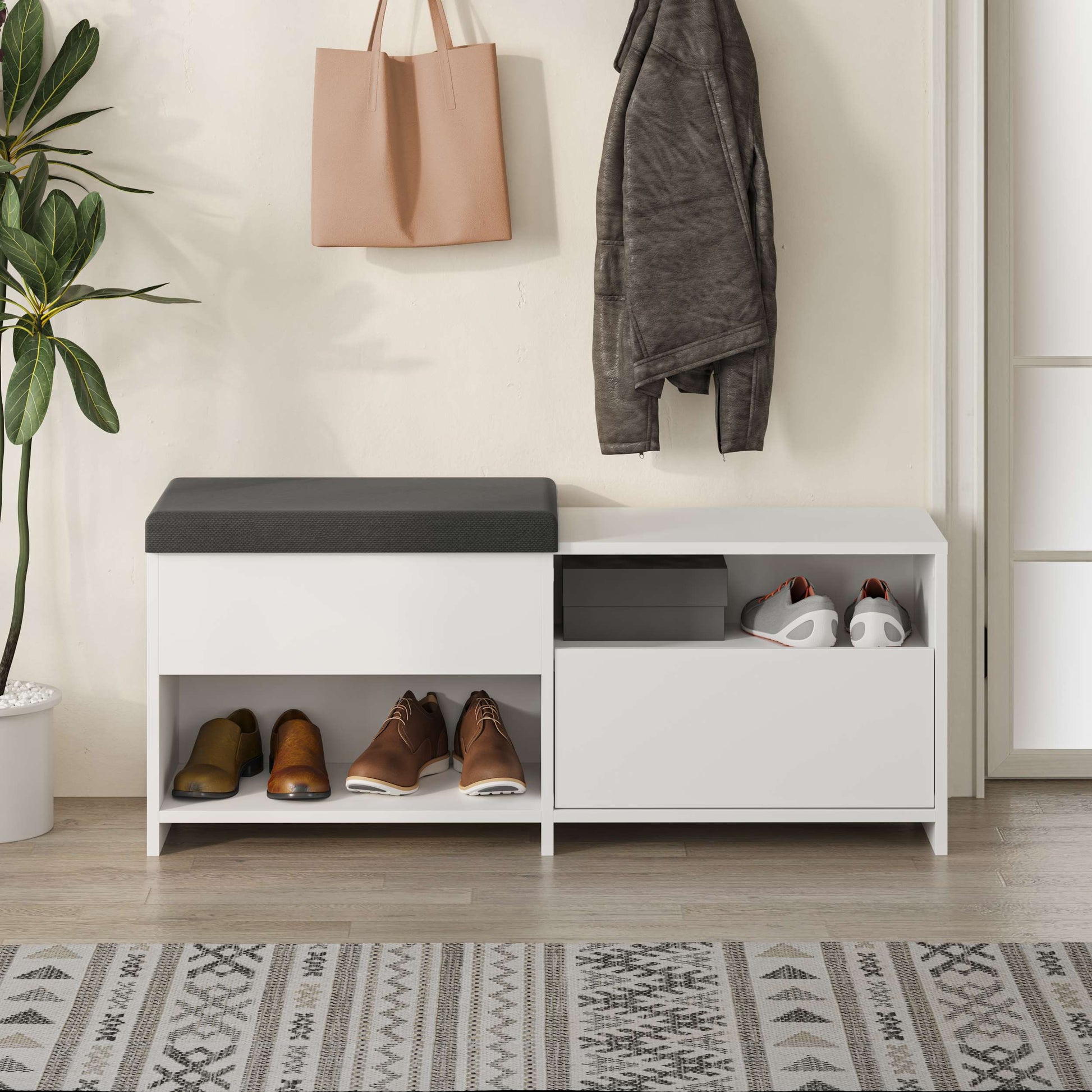 Compact hallway shoe bench with cushioned seat, open shelves and flap compartment, perfect for entryway storage.