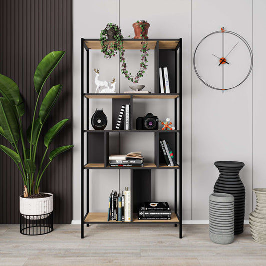 Industrial-style open bookcase with black metal frame and wood shelves, ideal for stylish home office or living space.