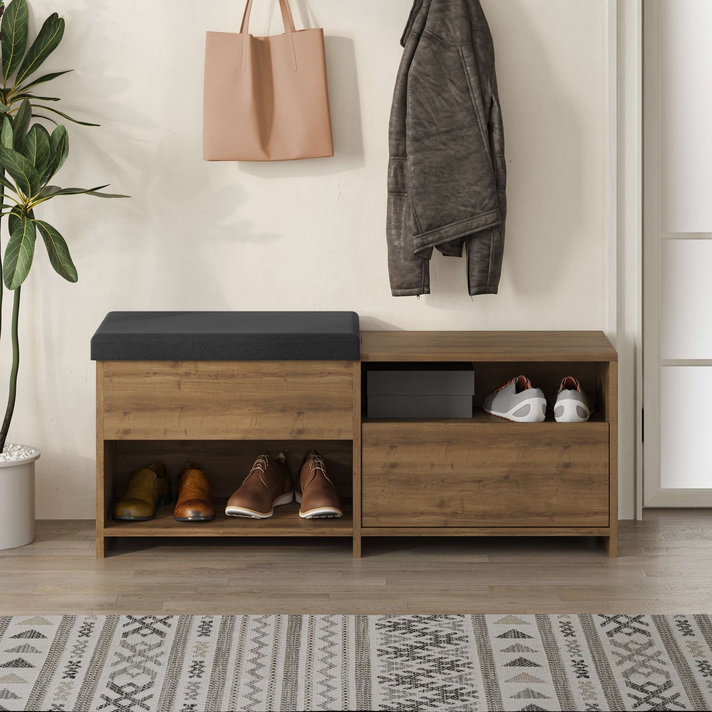 Compact hallway shoe bench with cushioned seat, open shelves and flap compartment, perfect for entryway storage.