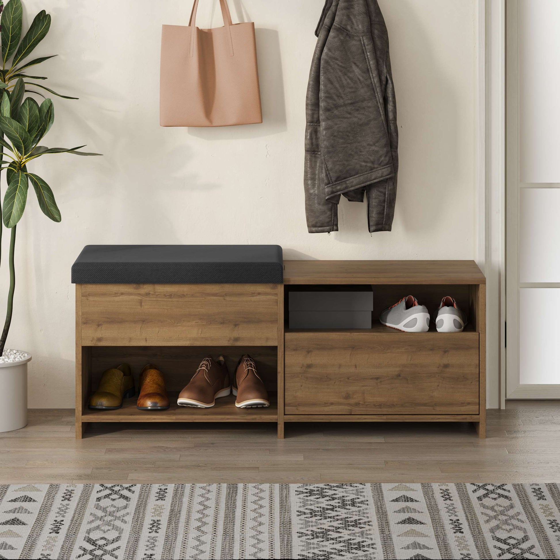 Compact hallway shoe bench with cushioned seat, open shelves and flap compartment, perfect for entryway storage.